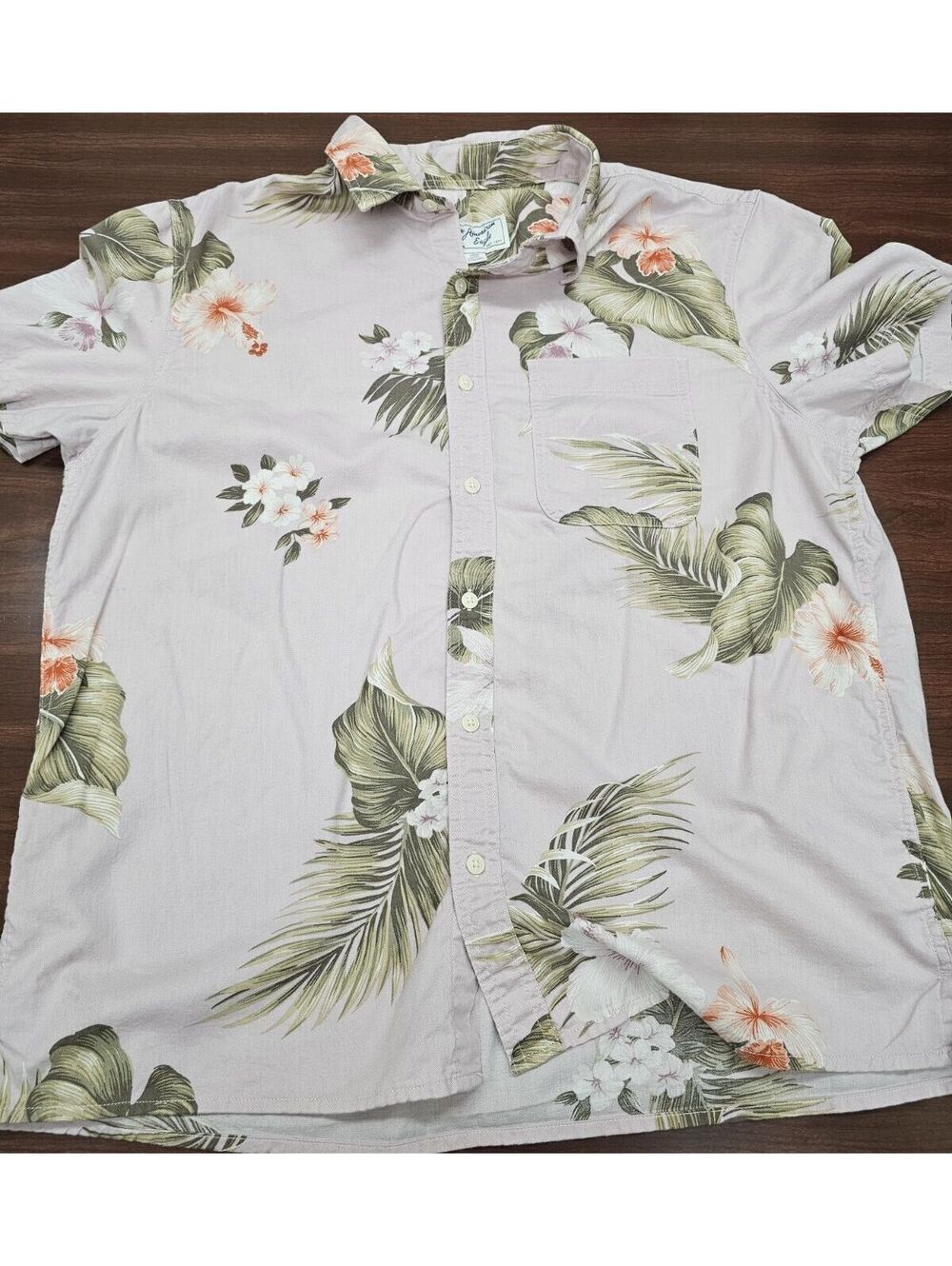American Eagle Men Large Linen Blend Shirt Tropical Floral Hibiscus Beach Resort